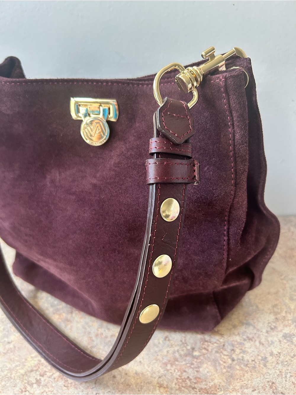 Valentina Genuine Leather near new Burgundy Suede Shoulder Purse w/Gold - Picture 2 of 15